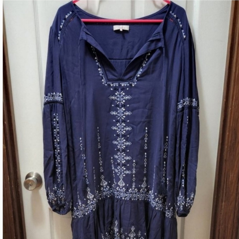 Parker Aztec Tribal Embroidered Long Sleeve Dress Navy Blue Sz Large EUC Boho